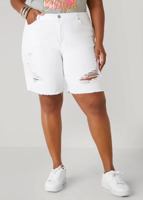 High Rise Distressed Denim Shorts sold by Ashley Stewart