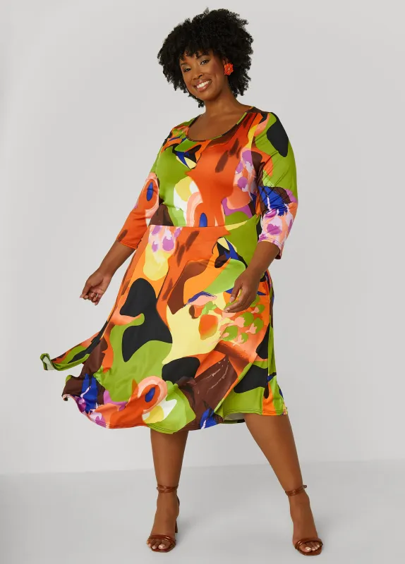 Watercolor A Line Midi Dress sold by Ashley Stewart