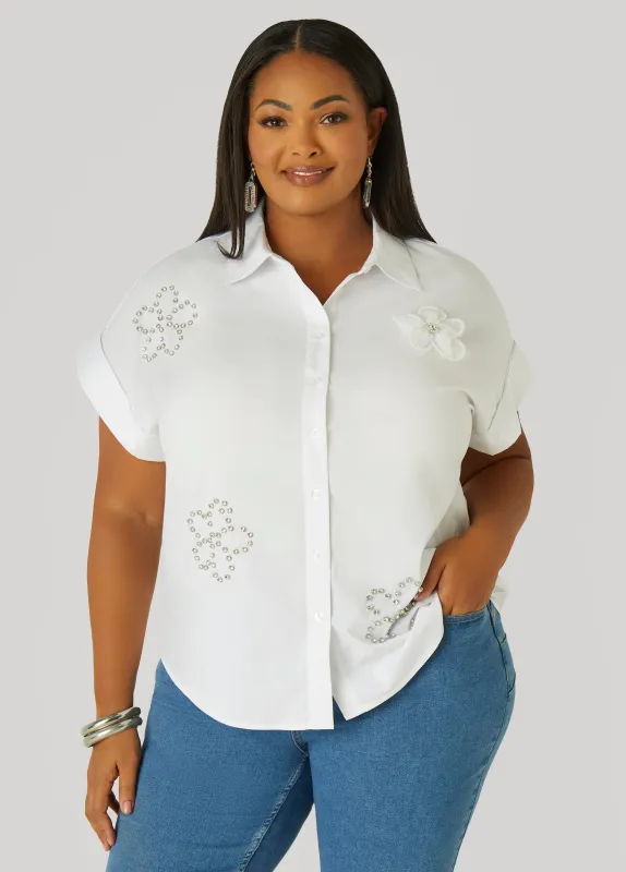 Floral Embellished Poplin Shirt sold by Ashley Stewart