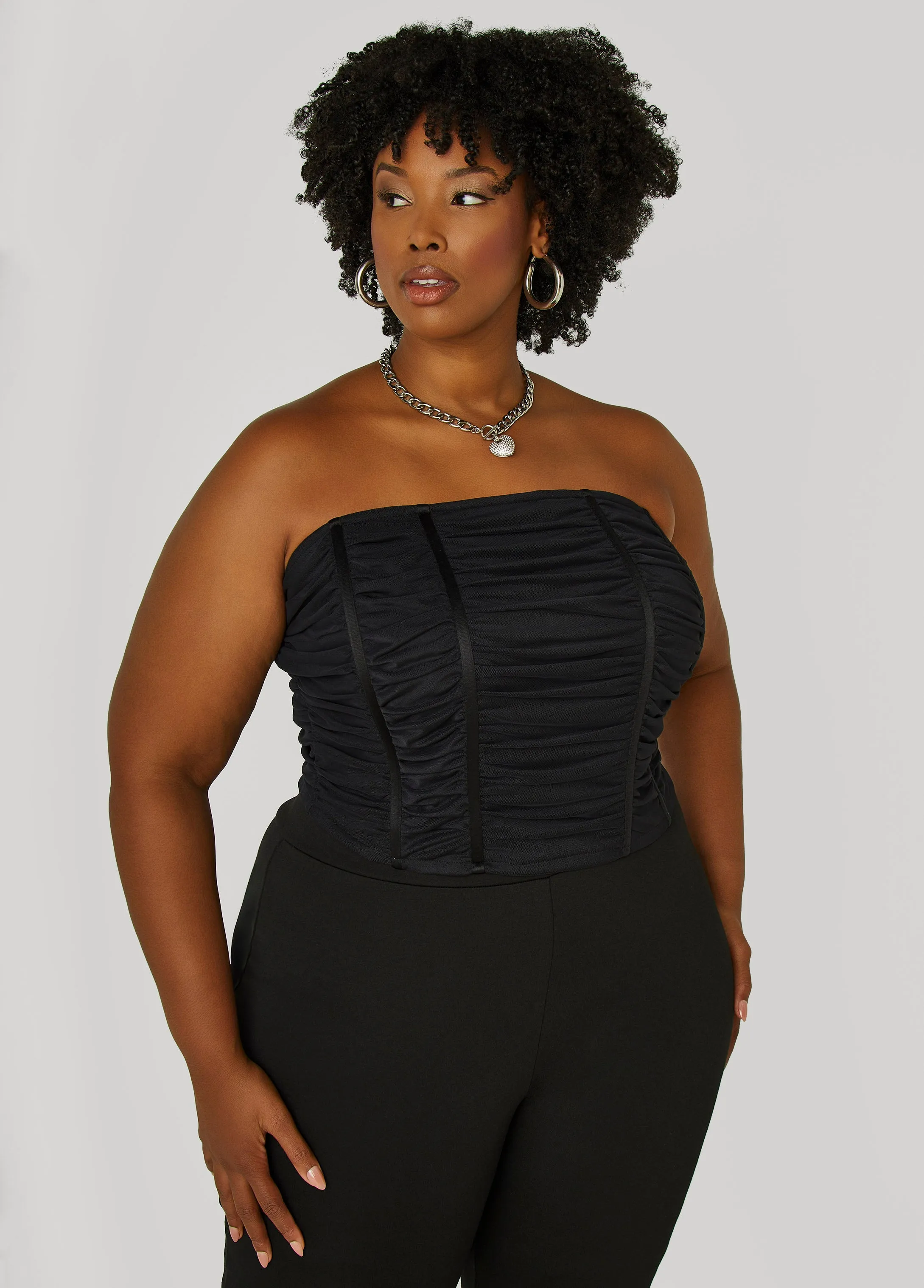 Strapless Ruched Mesh Corset Top sold by Ashley Stewart