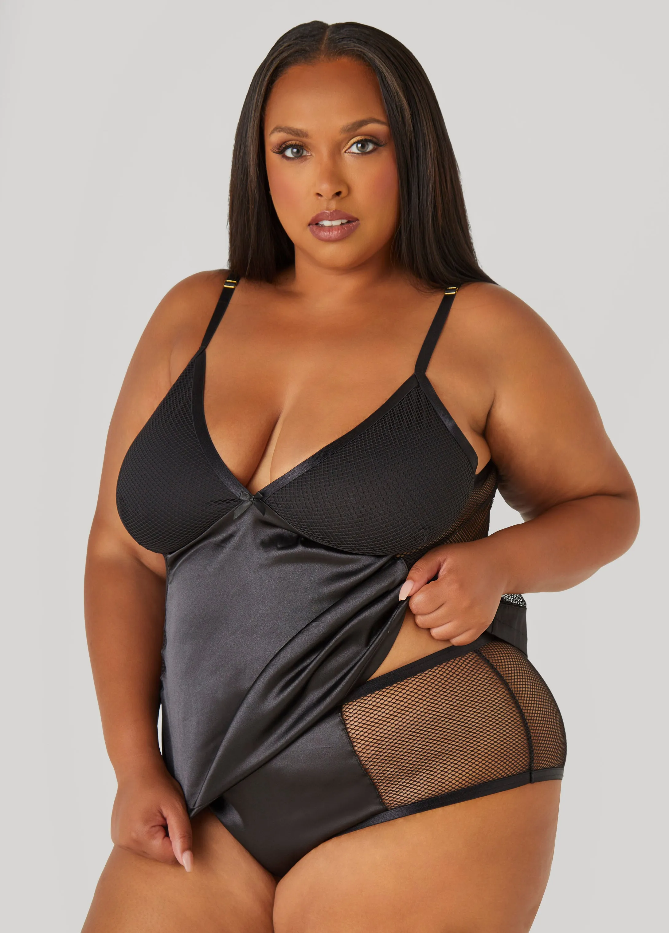 Mesh Paneled Satin Cami Set sold by Ashley Stewart product image thumbnail 3