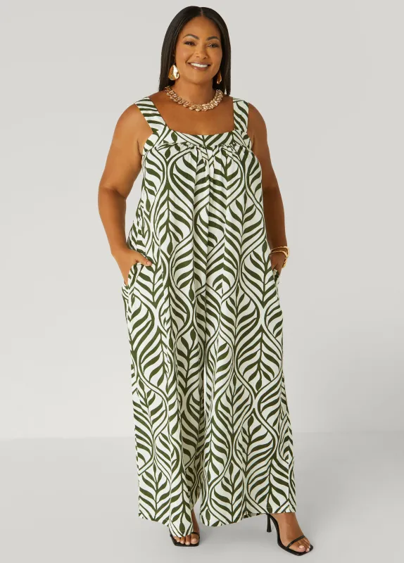 Leaf Print Wide Leg Jumpsuit sold by Ashley Stewart
