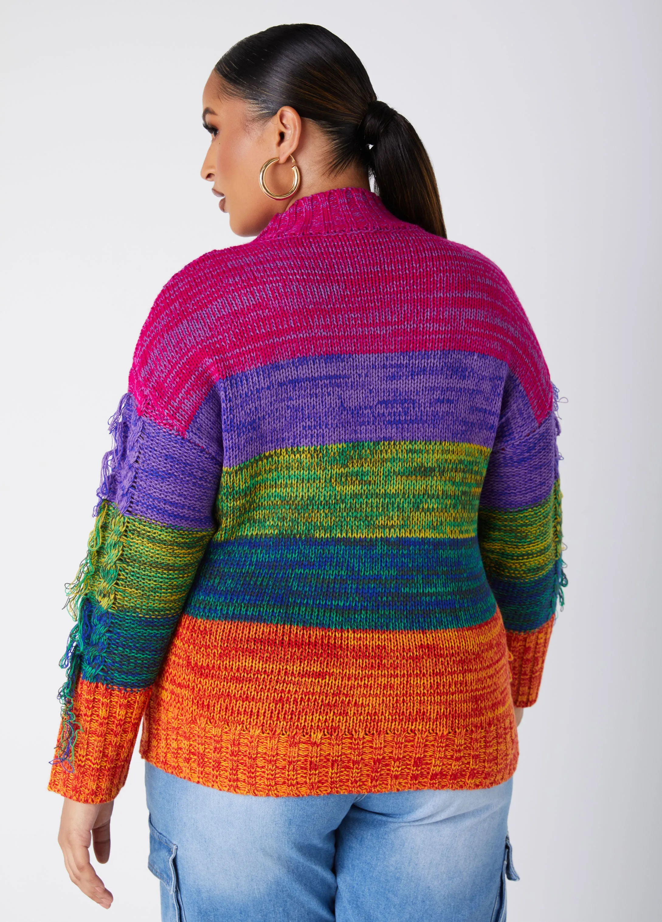 Fringed Rainbow Cable Knit Sweater sold by Ashley Stewart product image thumbnail 2