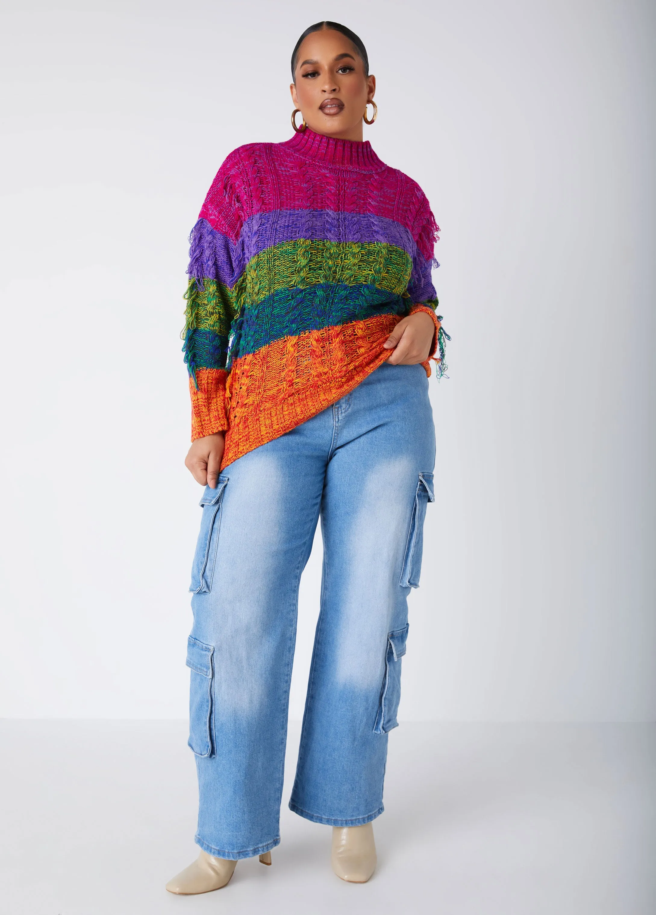 Fringed Rainbow Cable Knit Sweater sold by Ashley Stewart product image thumbnail 3