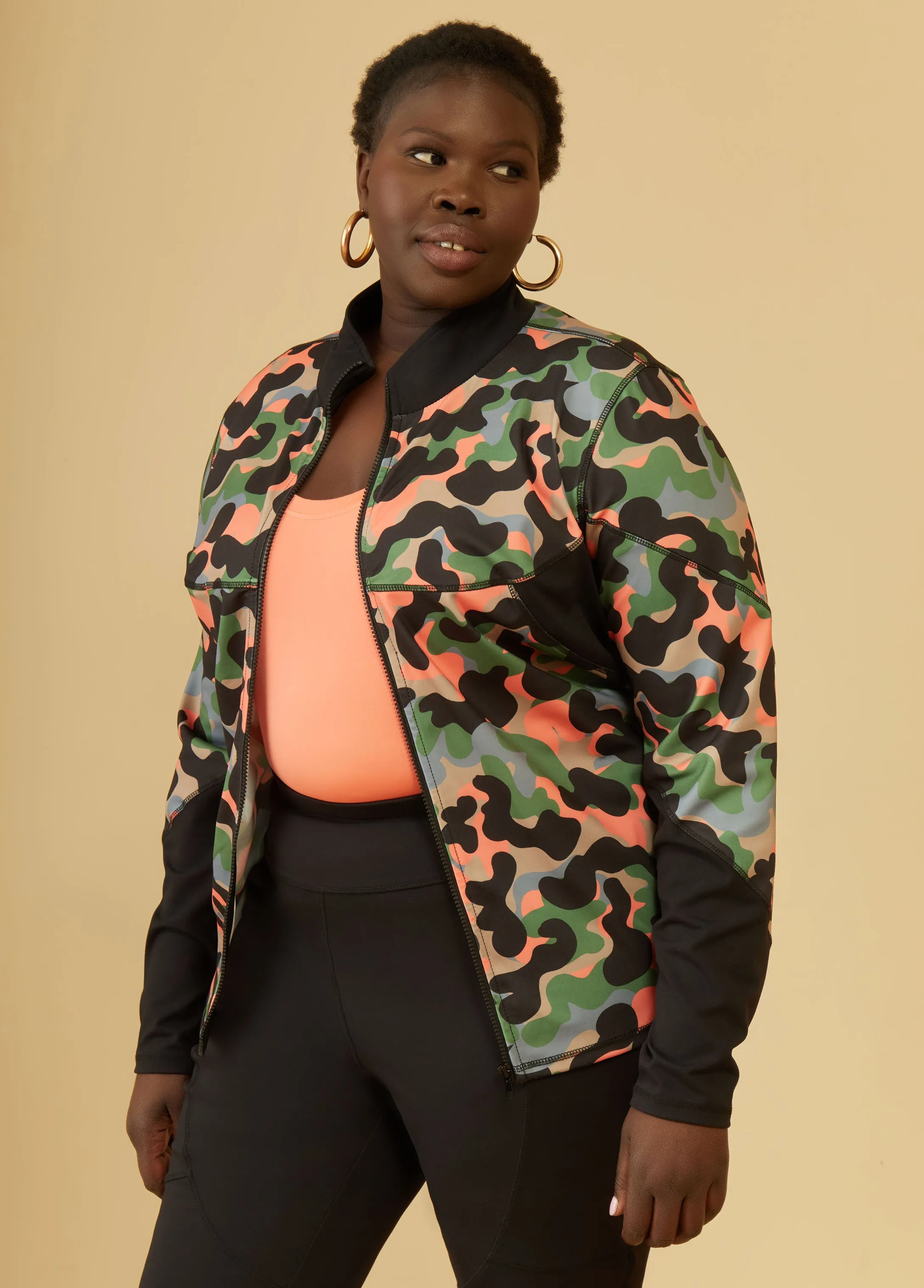 Camo Print Paneled Jacket sold by Ashley Stewart
