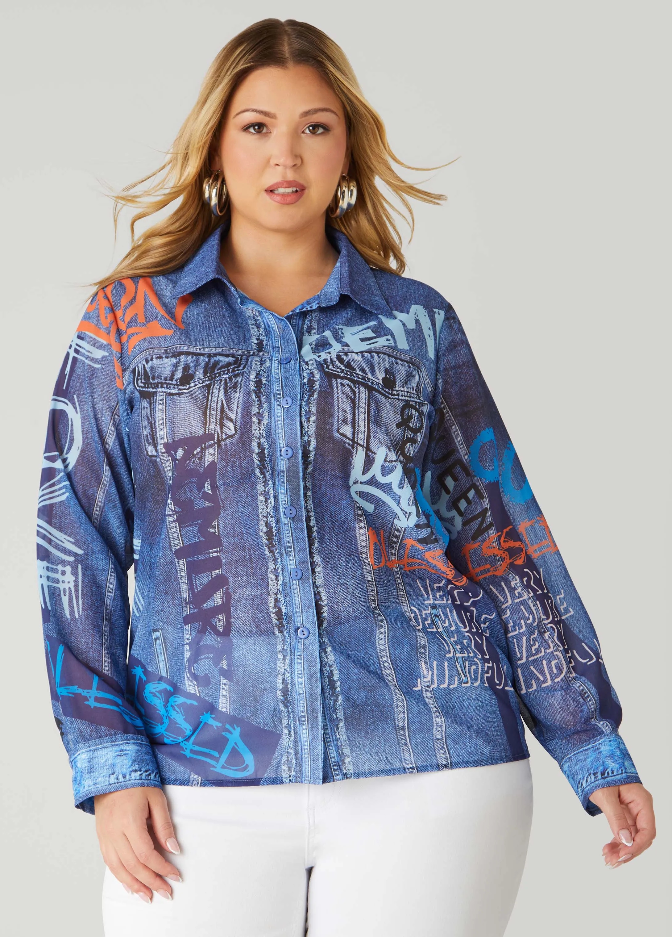 Graffiti And Denim Print Shirt sold by Ashley Stewart