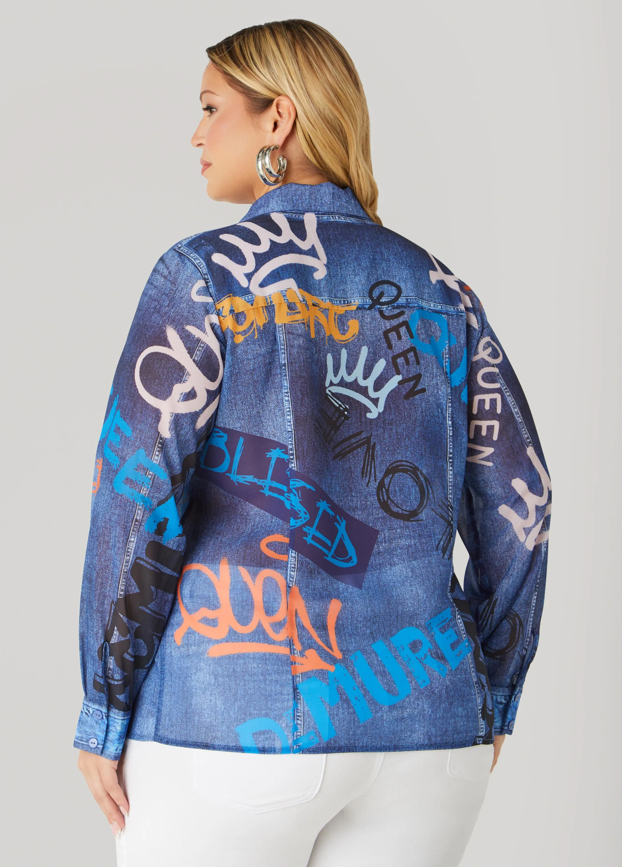 Graffiti And Denim Print Shirt sold by Ashley Stewart product image thumbnail 2