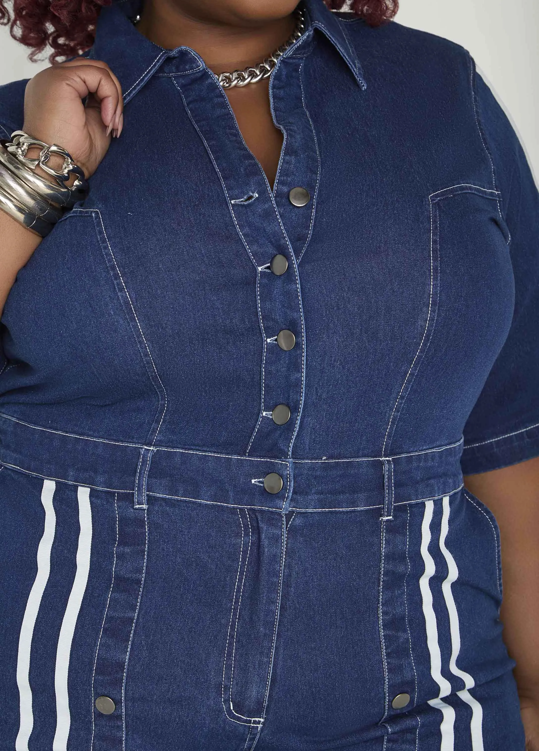 Snap Detail Striped Denim Jumpsuit sold by Ashley Stewart product image thumbnail 5