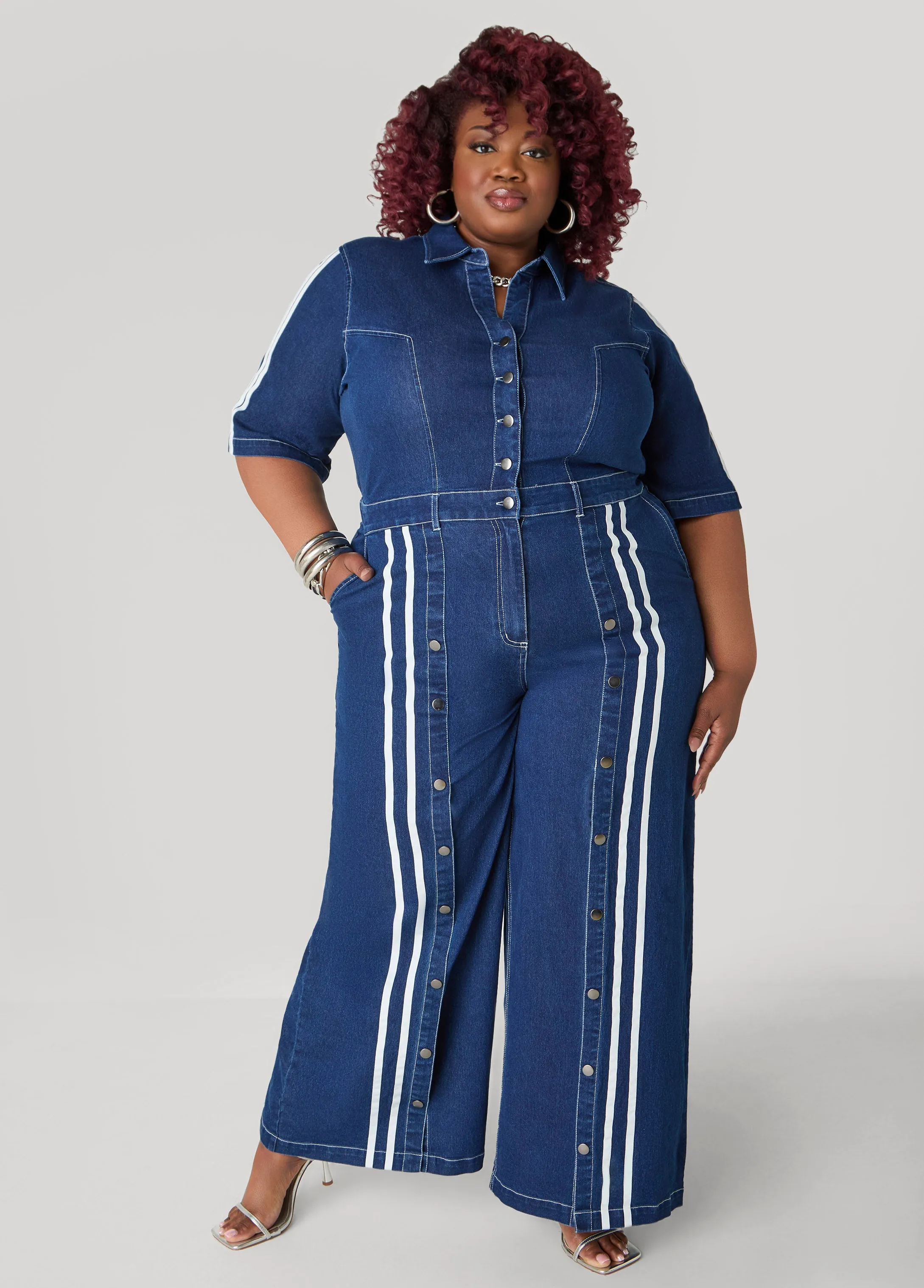 Snap Detail Striped Denim Jumpsuit sold by Ashley Stewart product image thumbnail 2