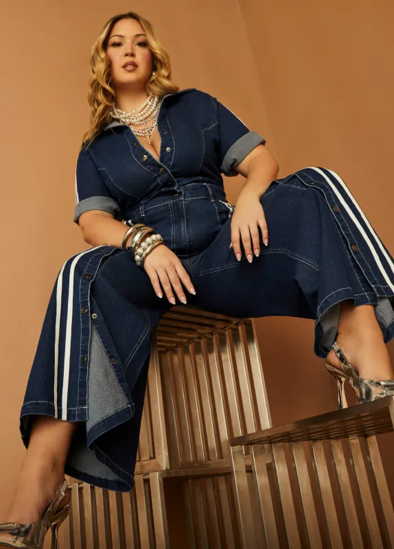 Snap Detail Striped Denim Jumpsuit sold by Ashley Stewart