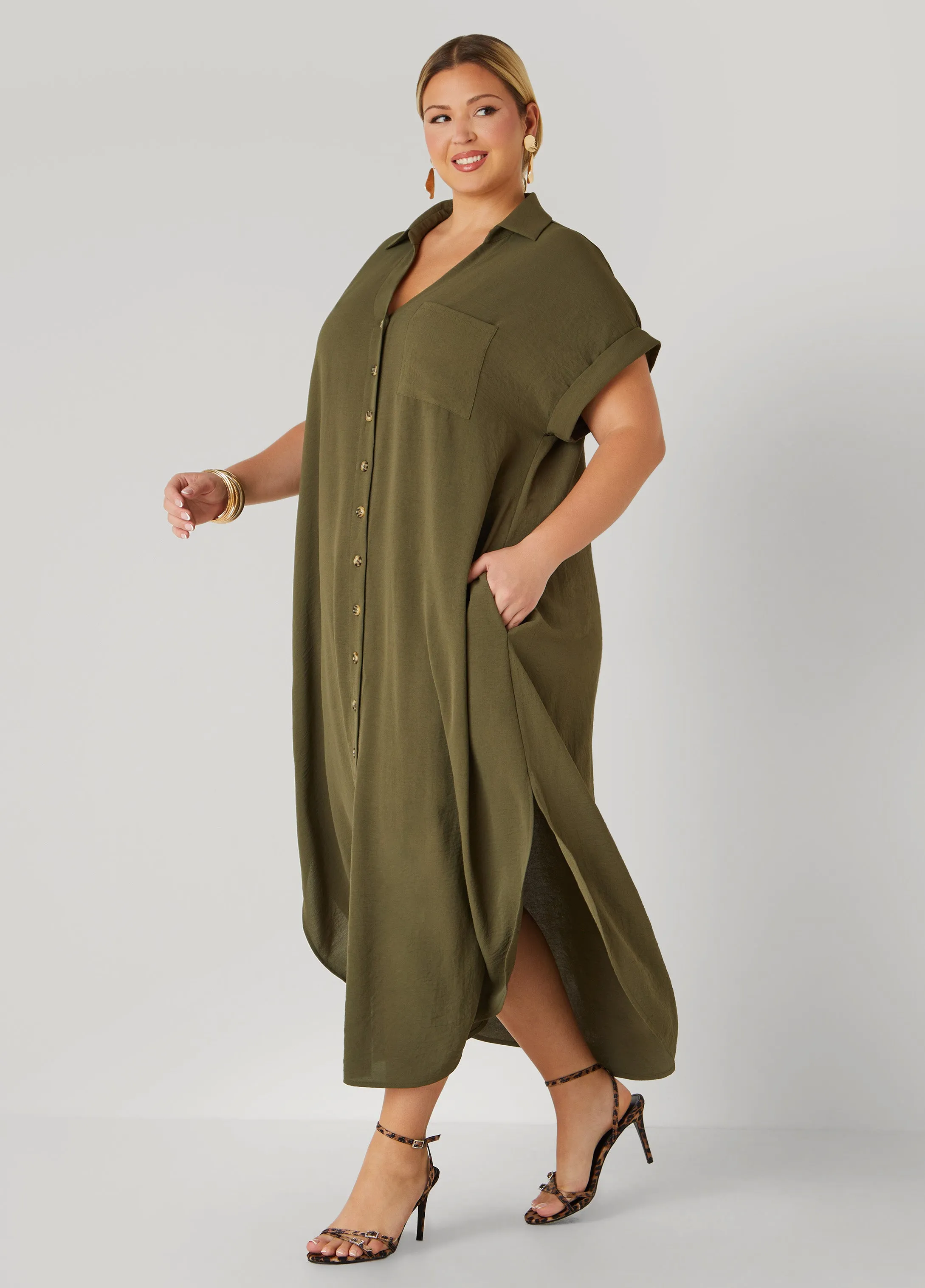 Cuffed Textured Maxi Shirtdress sold by Ashley Stewart product image thumbnail 3