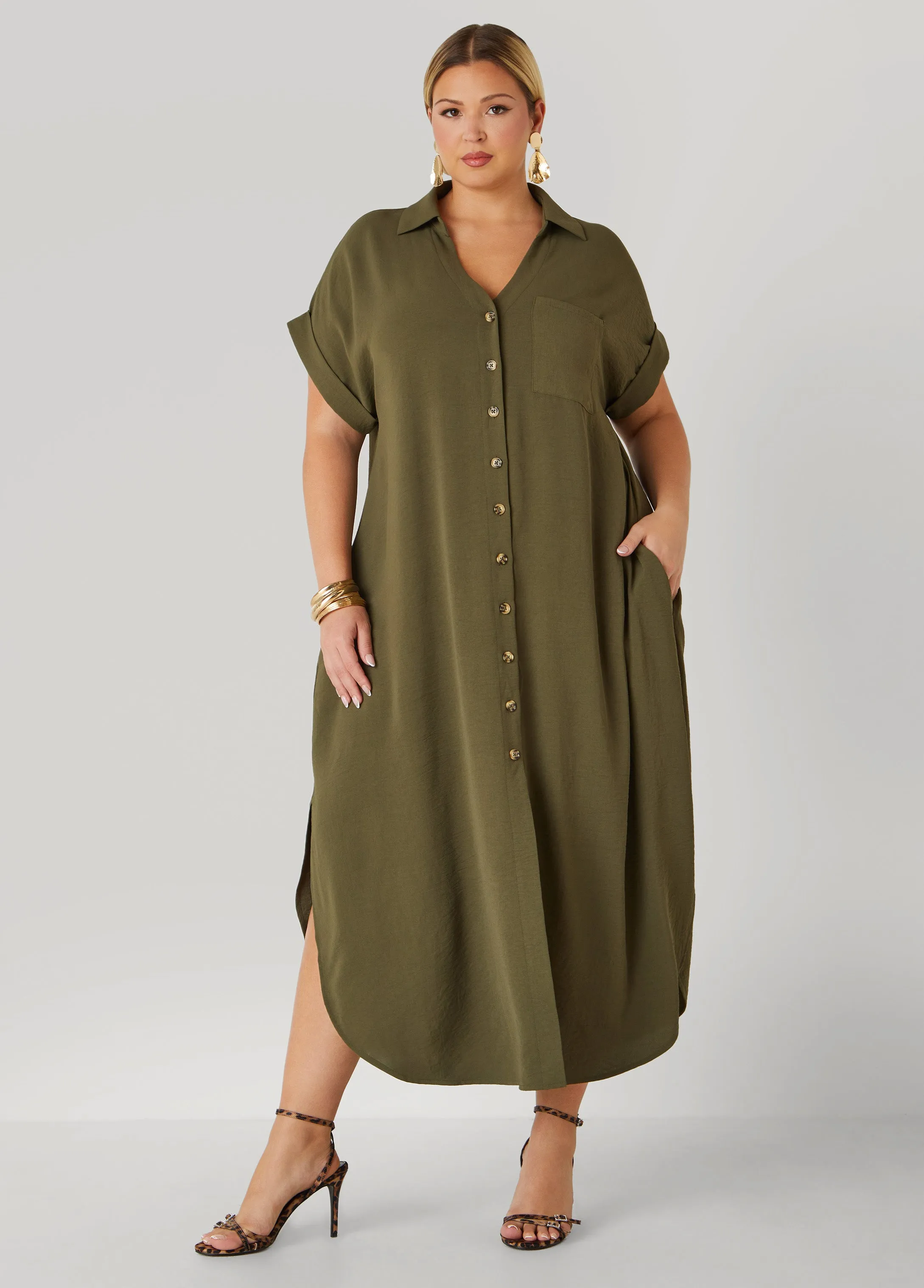 Cuffed Textured Maxi Shirtdress sold by Ashley Stewart