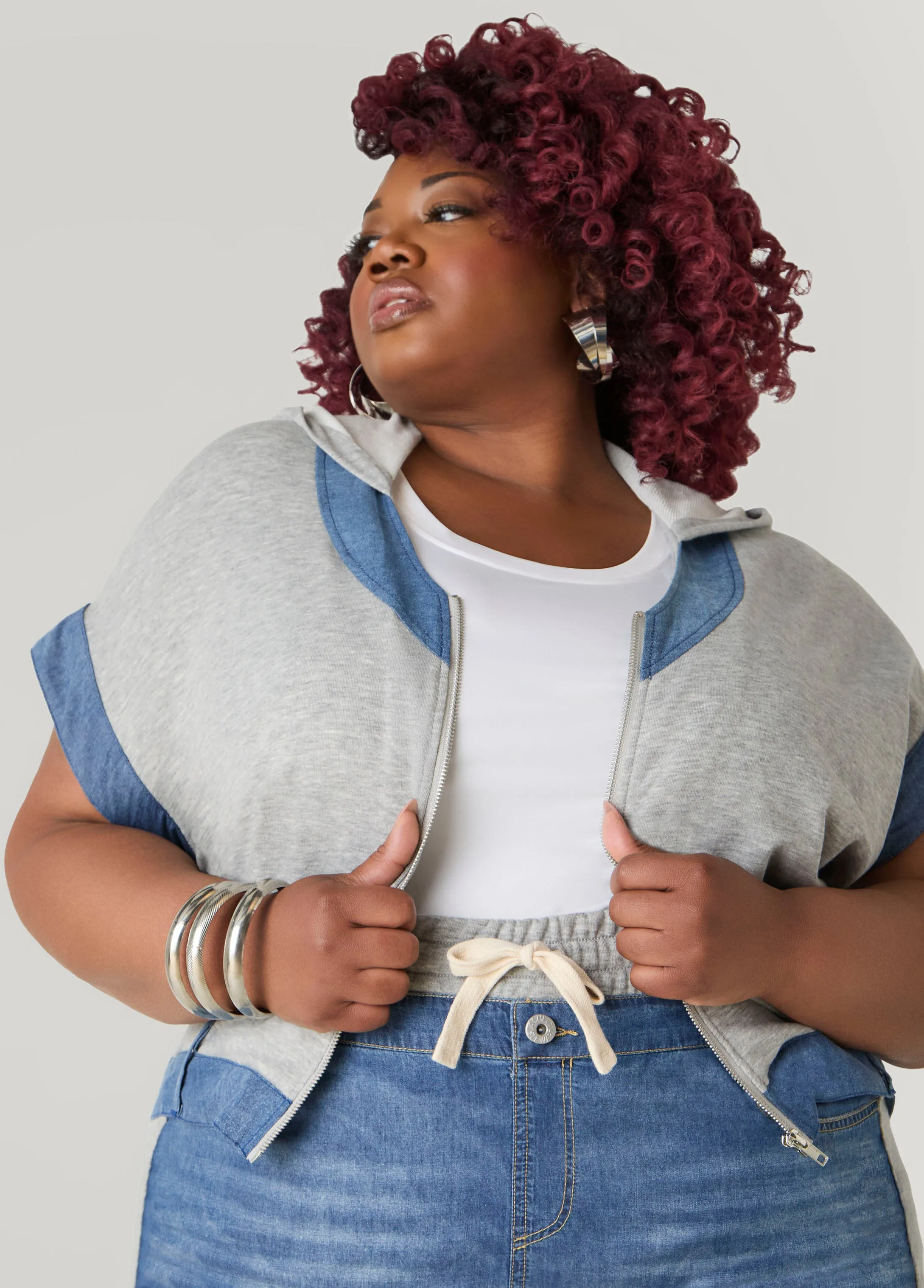 Denim Trimmed French Terry Hoodie sold by Ashley Stewart product image thumbnail 5