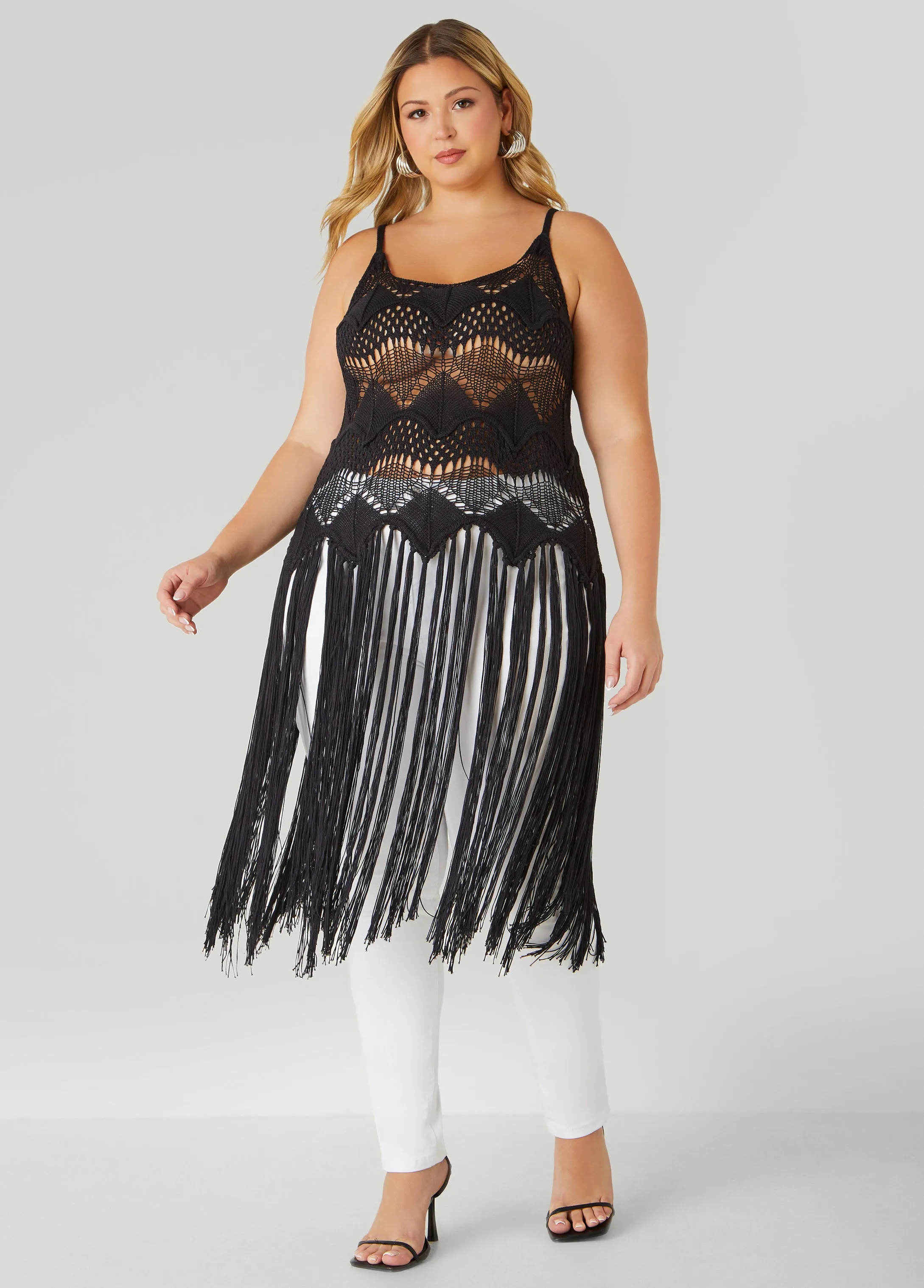 Fringed Crochet Sweater sold by Ashley Stewart