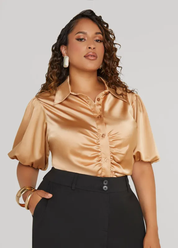 Ruched Satin Shirt sold by Ashley Stewart