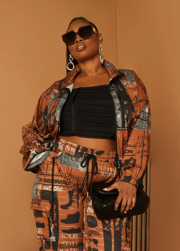 Newspaper Print Drawstring Jacket sold by Ashley Stewart