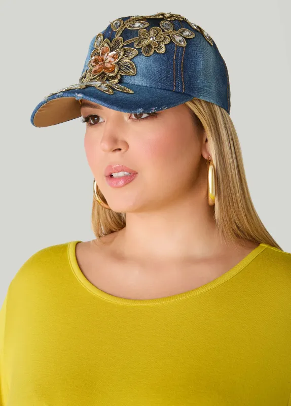 Floral Applique Denim Baseball Hat sold by Ashley Stewart