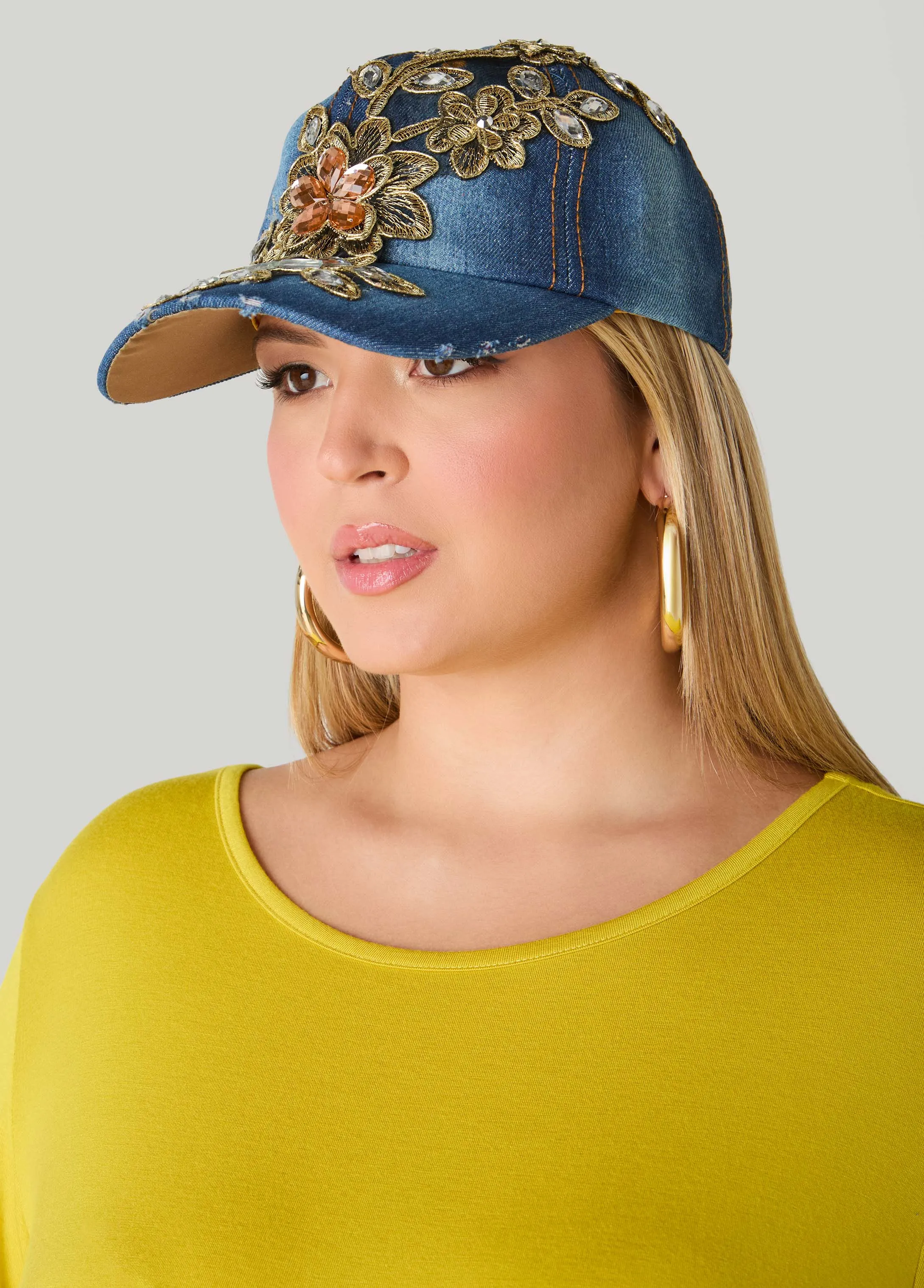 Floral Applique Denim Baseball Hat sold by Ashley Stewart