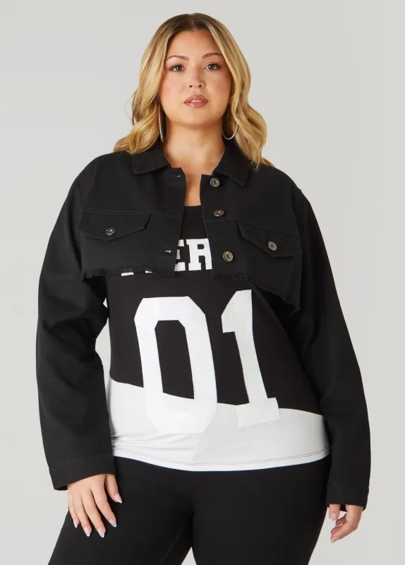 Frayed Cropped Denim Jacket sold by Ashley Stewart