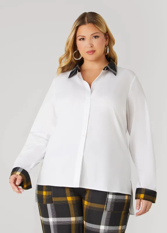 Plaid Trimmed Poplin Shirt sold by Ashley Stewart