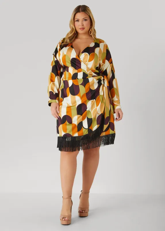 Fringed Printed Satin Wrap Dress sold by Ashley Stewart
