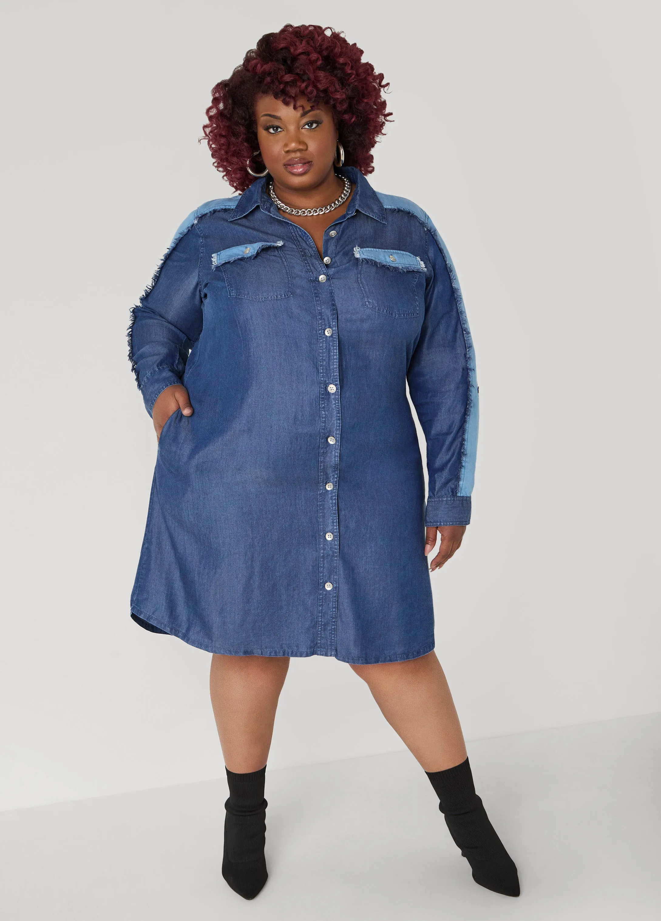 Frayed Two Tone Chambray Dress sold by Ashley Stewart product image thumbnail 5