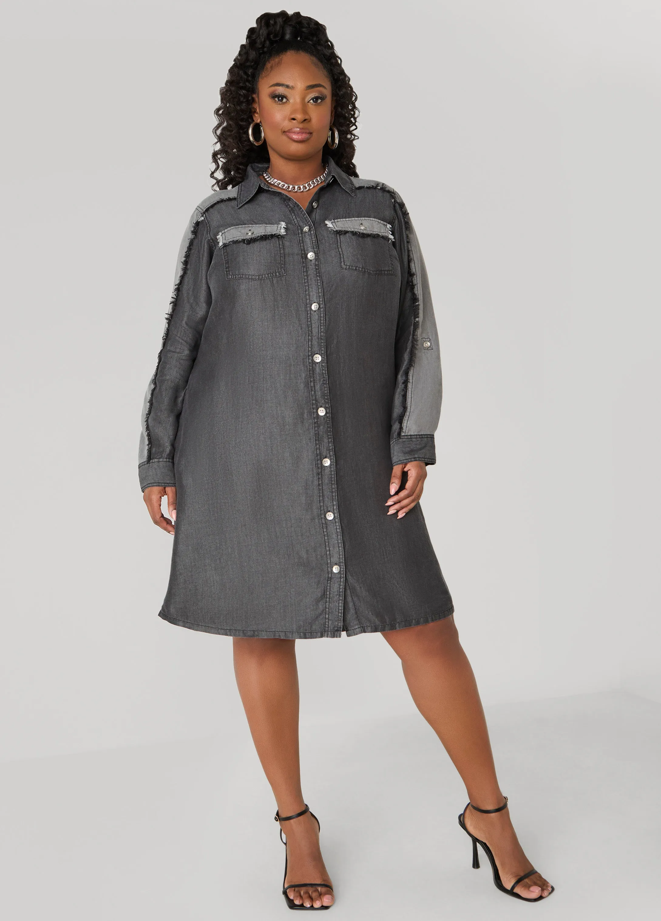 Frayed Two Tone Chambray Dress sold by Ashley Stewart