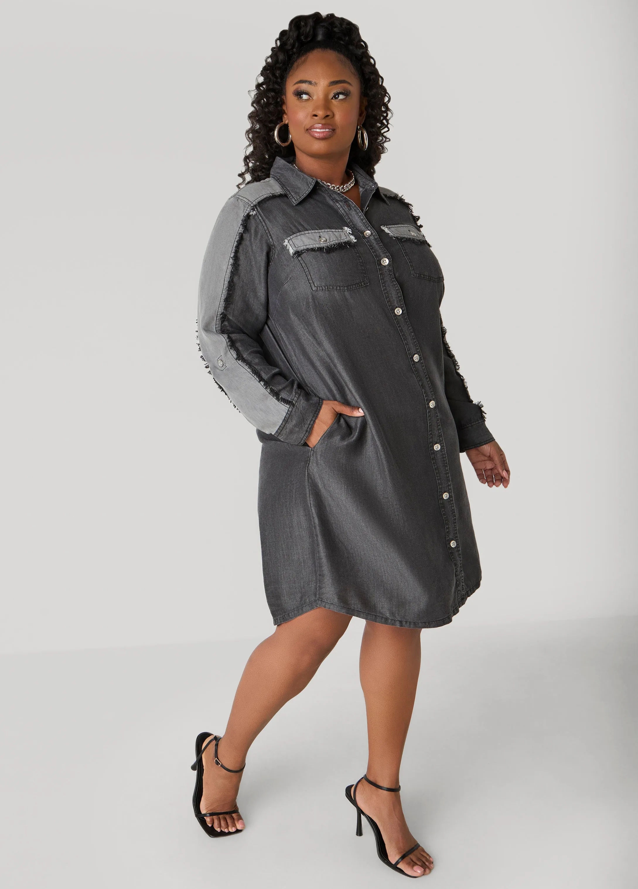 Frayed Two Tone Chambray Dress sold by Ashley Stewart product image thumbnail 3