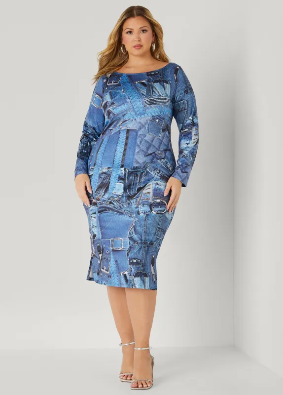 Denim Print Bodycon Dress sold by Ashley Stewart