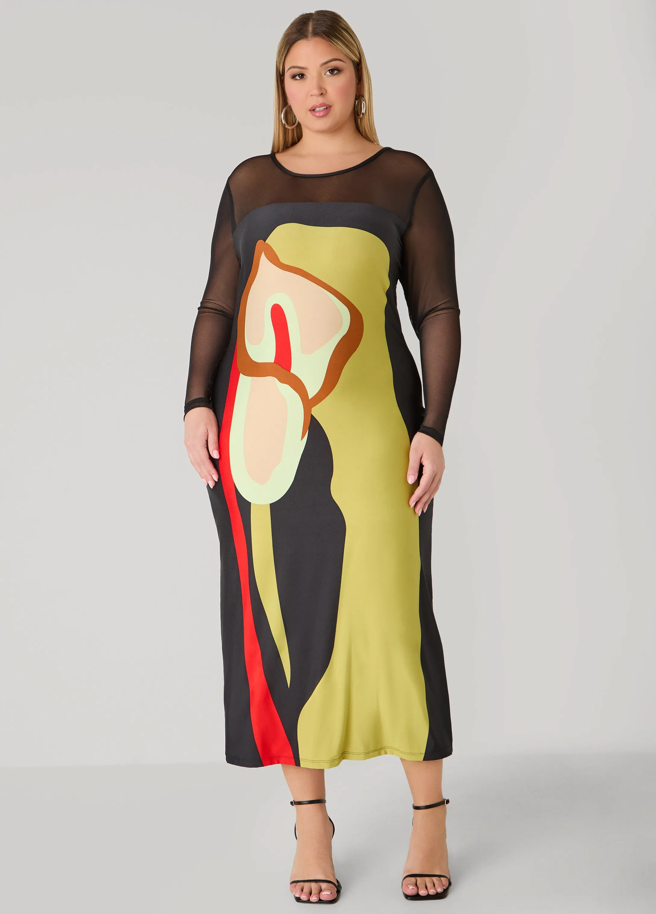 Mesh Paneled Floral Midaxi Dress sold by Ashley Stewart