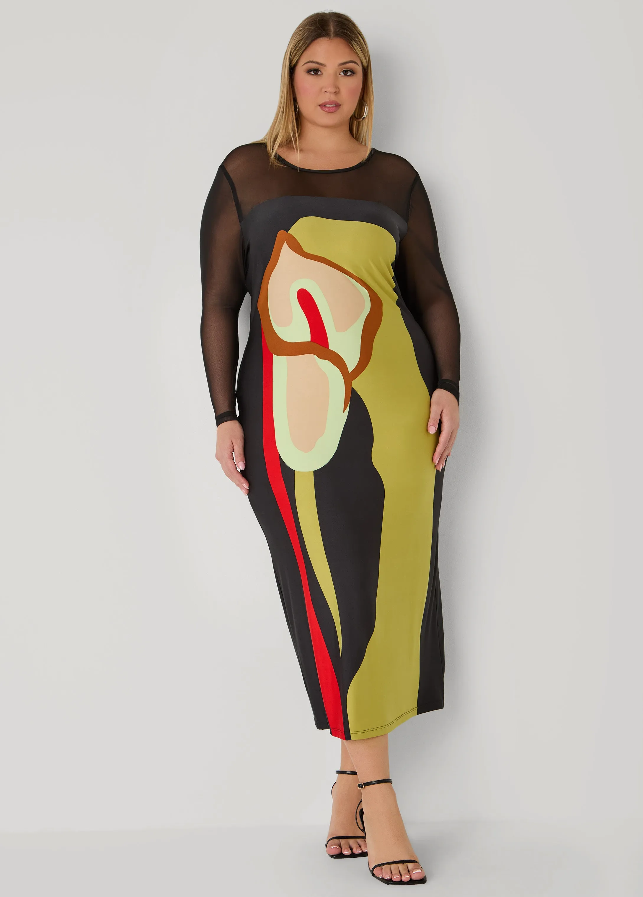 Mesh Paneled Floral Midaxi Dress sold by Ashley Stewart product image thumbnail 3