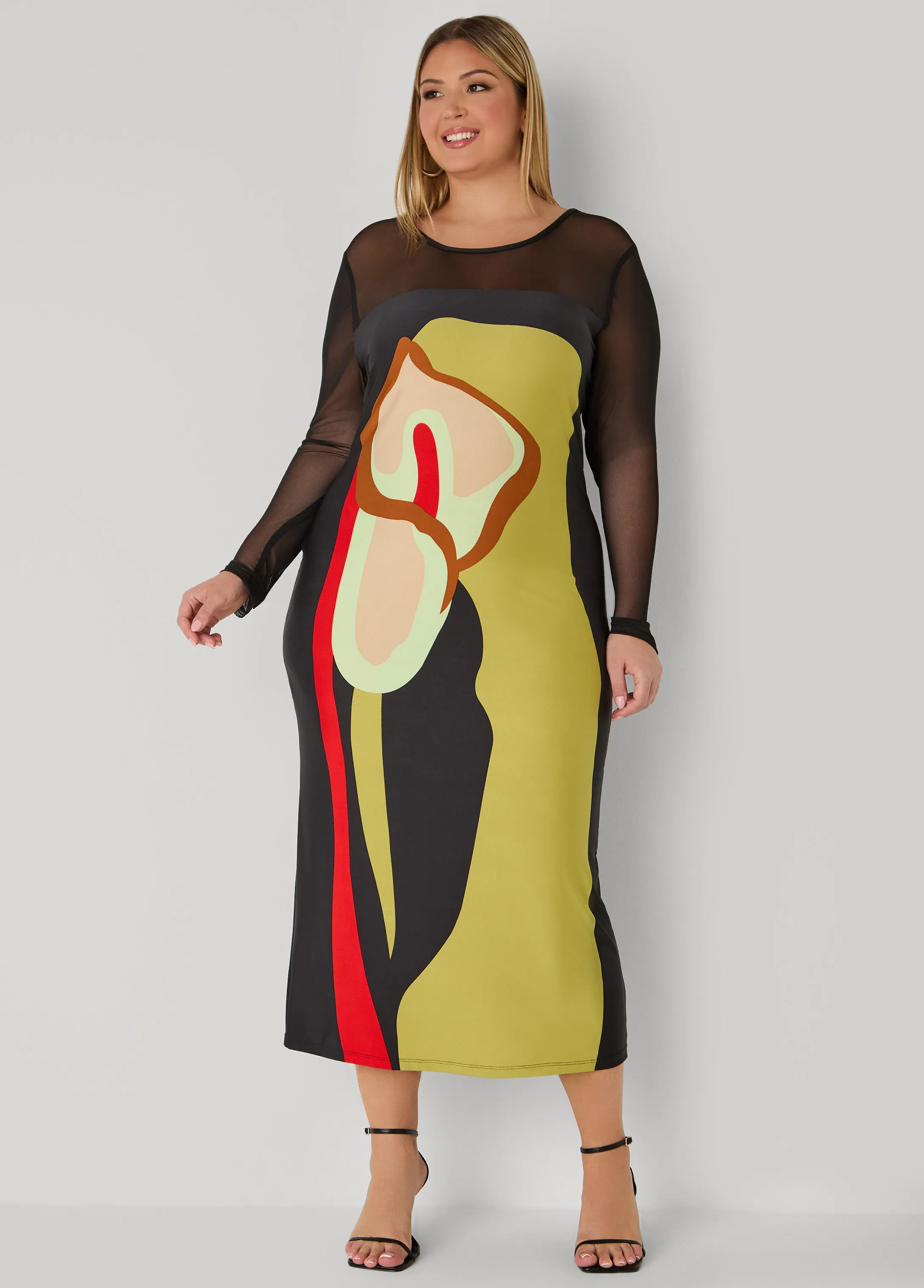 Mesh Paneled Floral Midaxi Dress sold by Ashley Stewart product image thumbnail 4