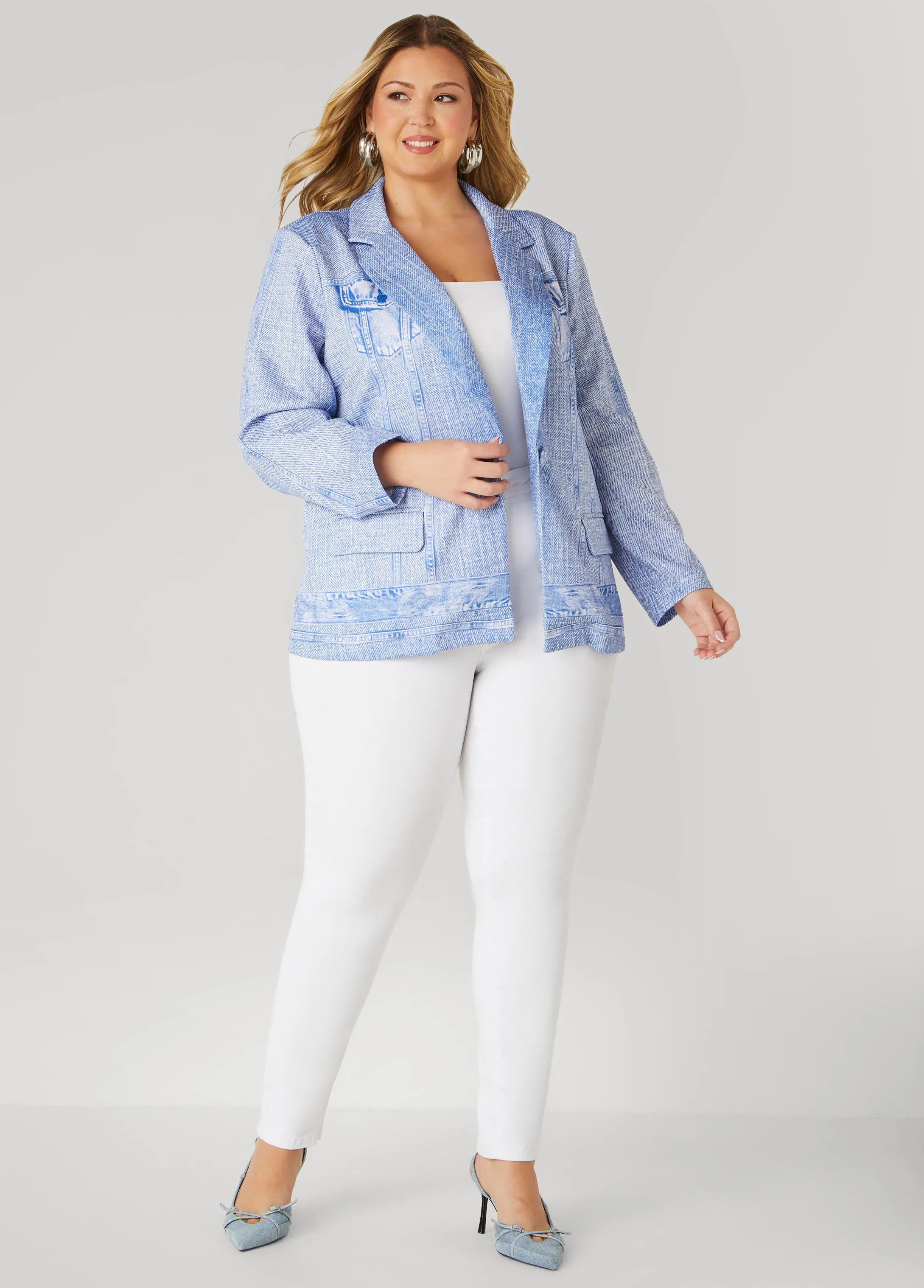 Button Front Denim Print Blazer sold by Ashley Stewart product image thumbnail 3
