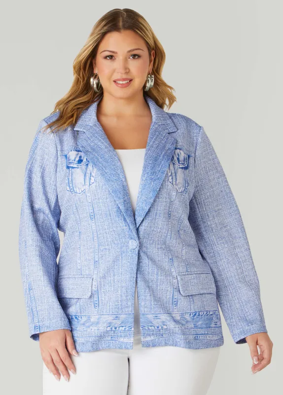Button Front Denim Print Blazer sold by Ashley Stewart