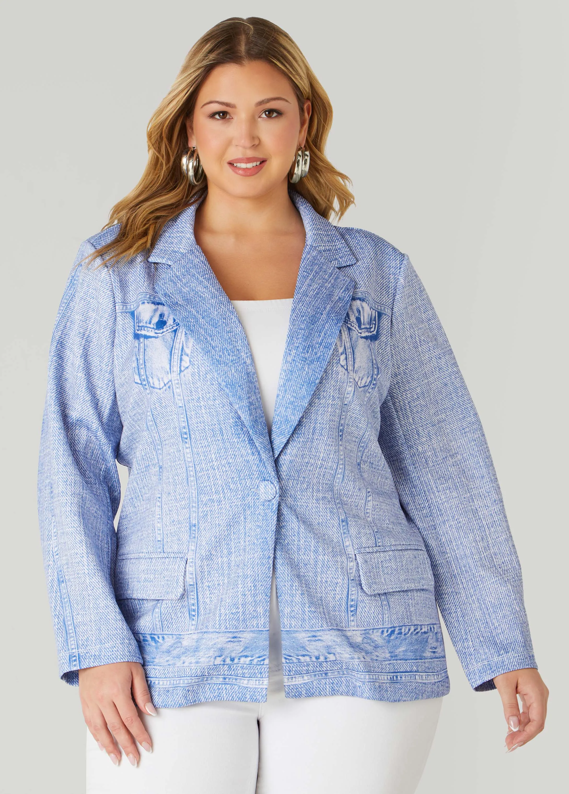 Button Front Denim Print Blazer sold by Ashley Stewart