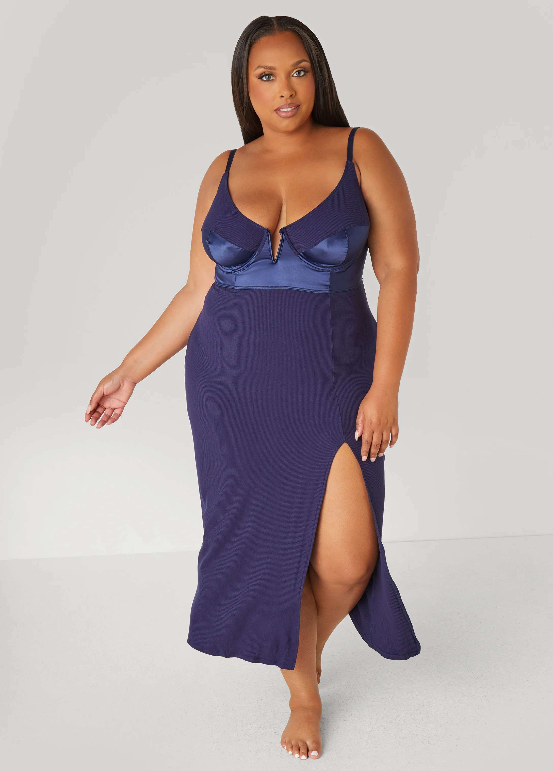 Satin Paneled Ribbed Lingerie Gown sold by Ashley Stewart product image thumbnail 3