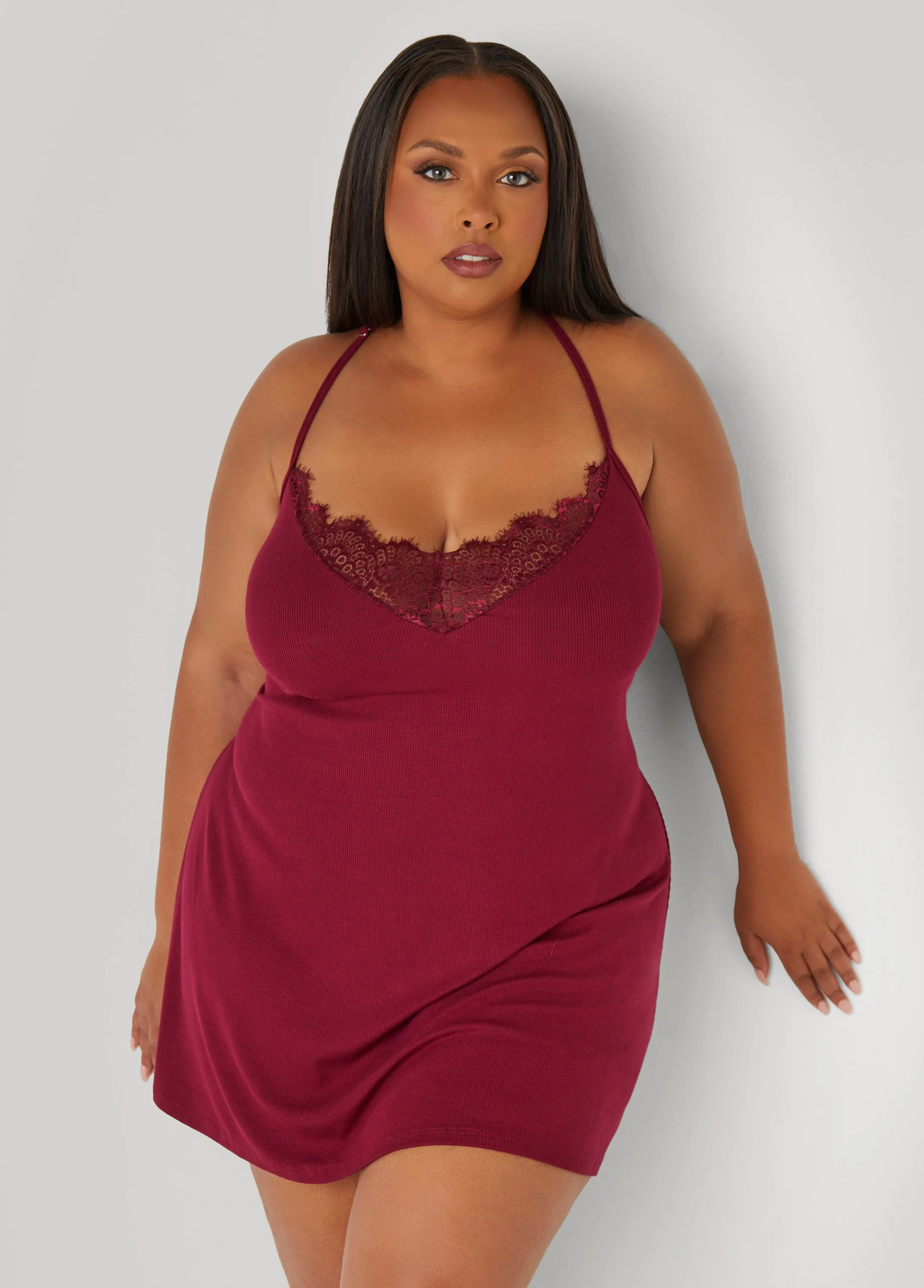 Lace Trimmed Ribbed Chemise sold by Ashley Stewart product image thumbnail 3