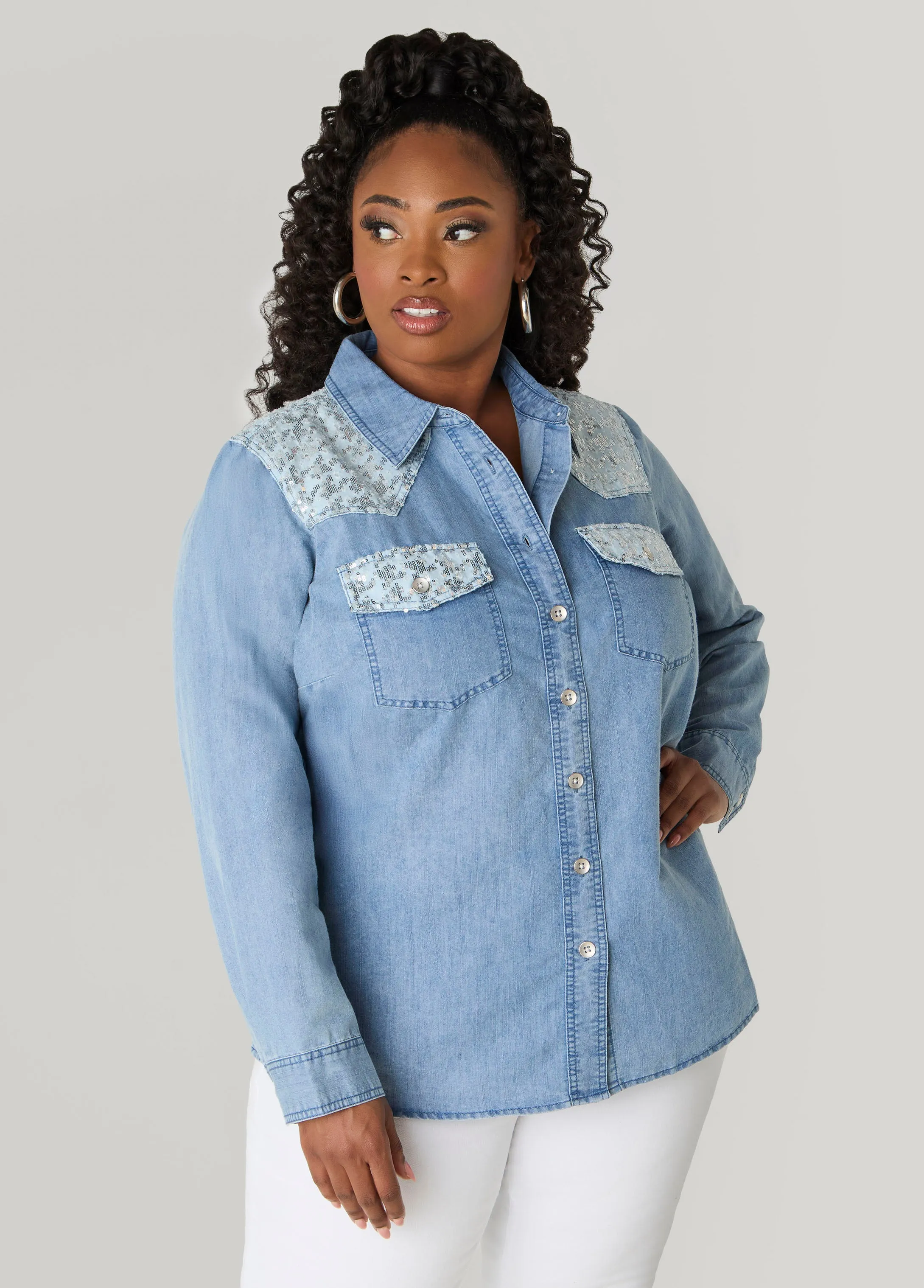 Sequined Patchwork Denim Shirt sold by Ashley Stewart