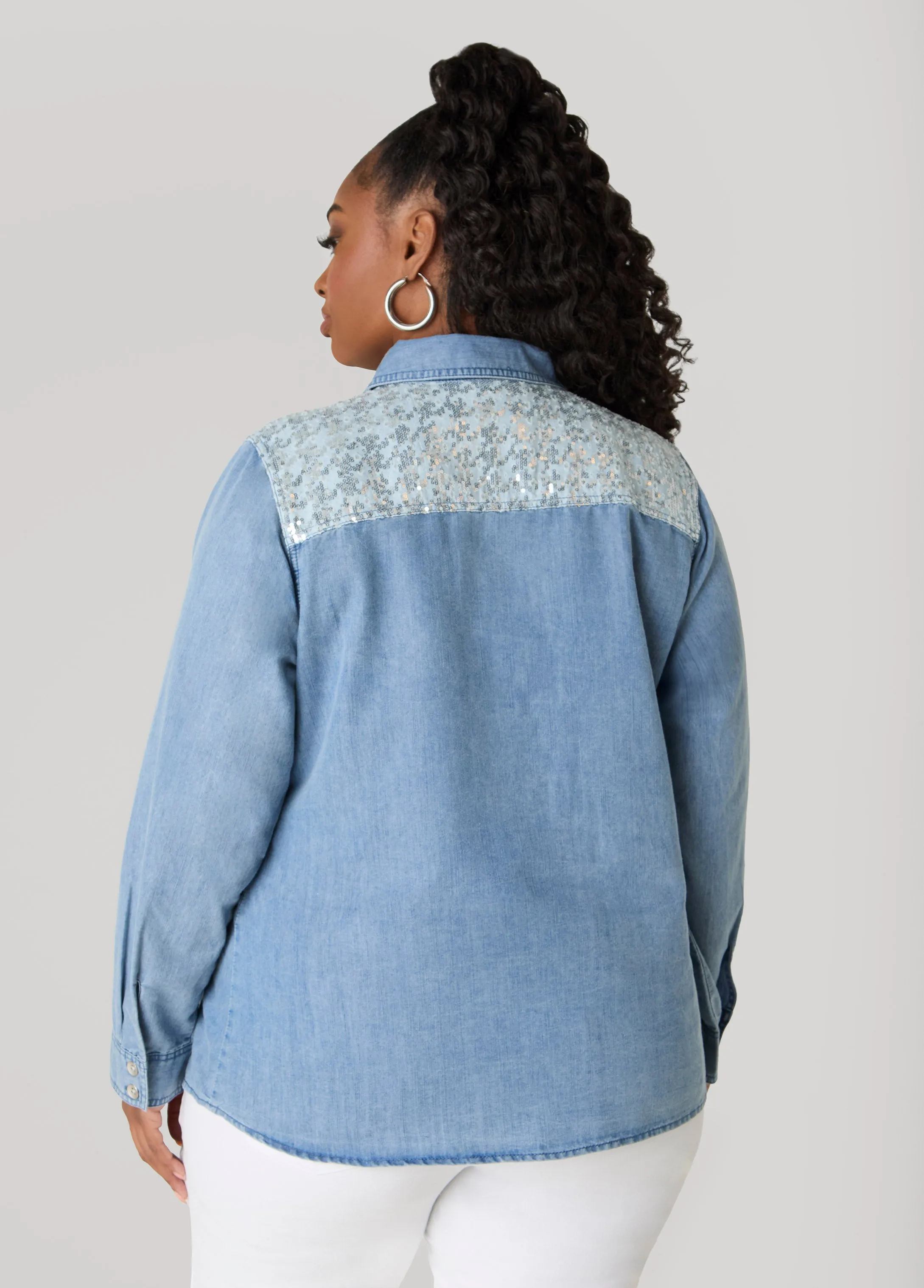 Sequined Patchwork Denim Shirt sold by Ashley Stewart product image thumbnail 2