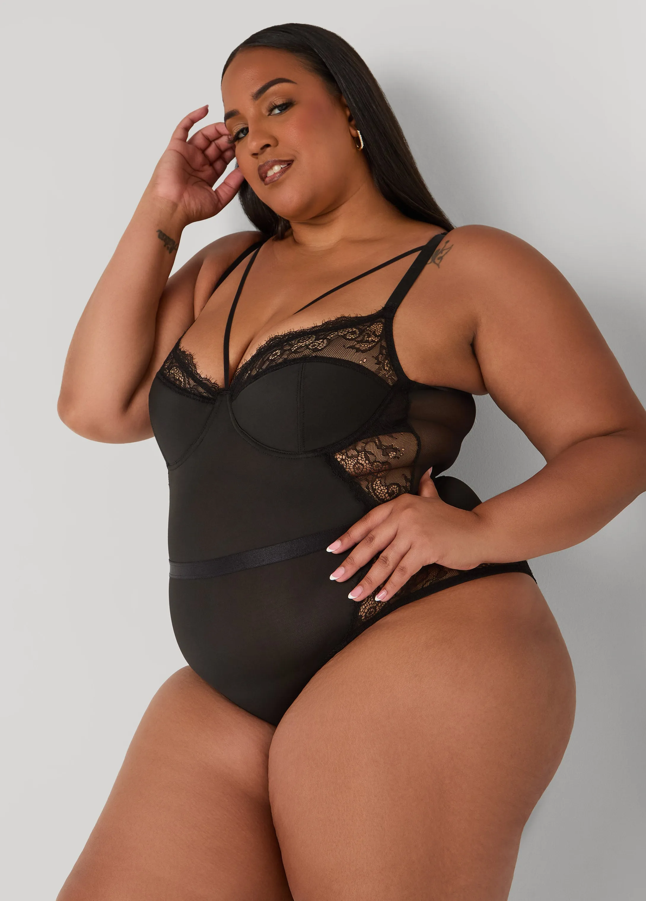 Caged Lace And Mesh Bodysuit sold by Ashley Stewart product image thumbnail 3
