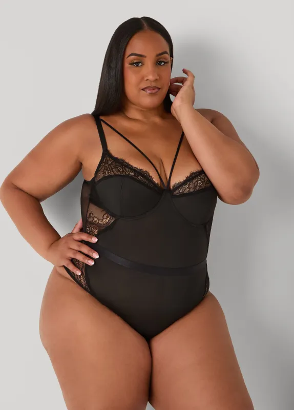 Caged Lace And Mesh Bodysuit sold by Ashley Stewart