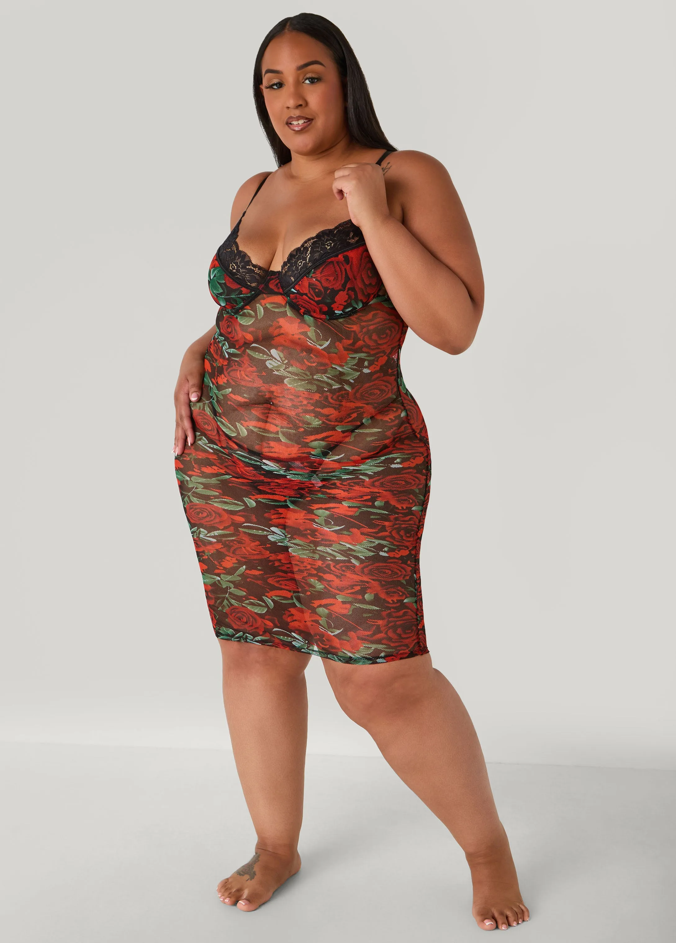 Ruched Rose Mesh Chemise Set sold by Ashley Stewart product image thumbnail 3