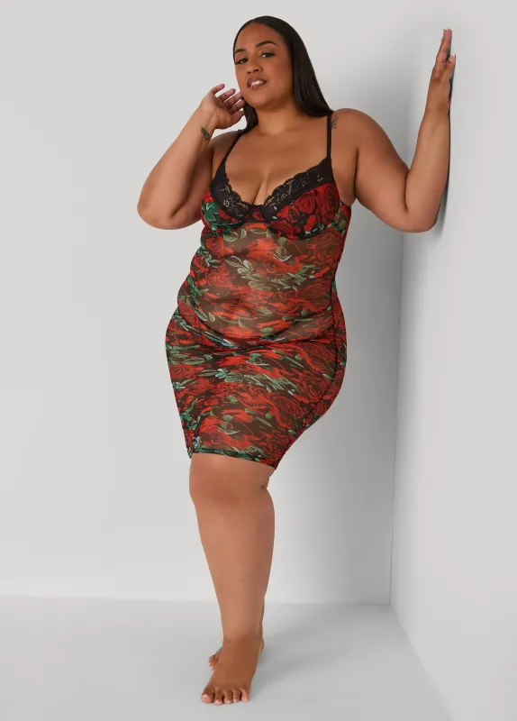 Ruched Rose Mesh Chemise Set sold by Ashley Stewart