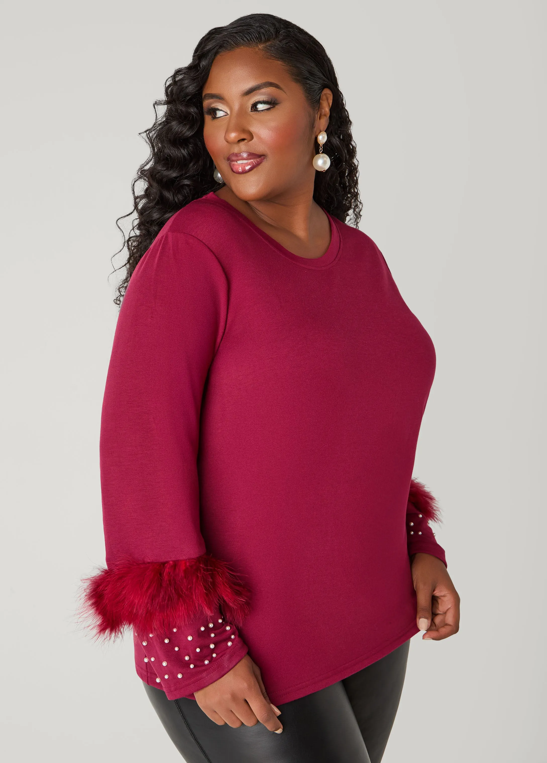 Feather And Faux Pearl Terry Top sold by Ashley Stewart product image thumbnail 2