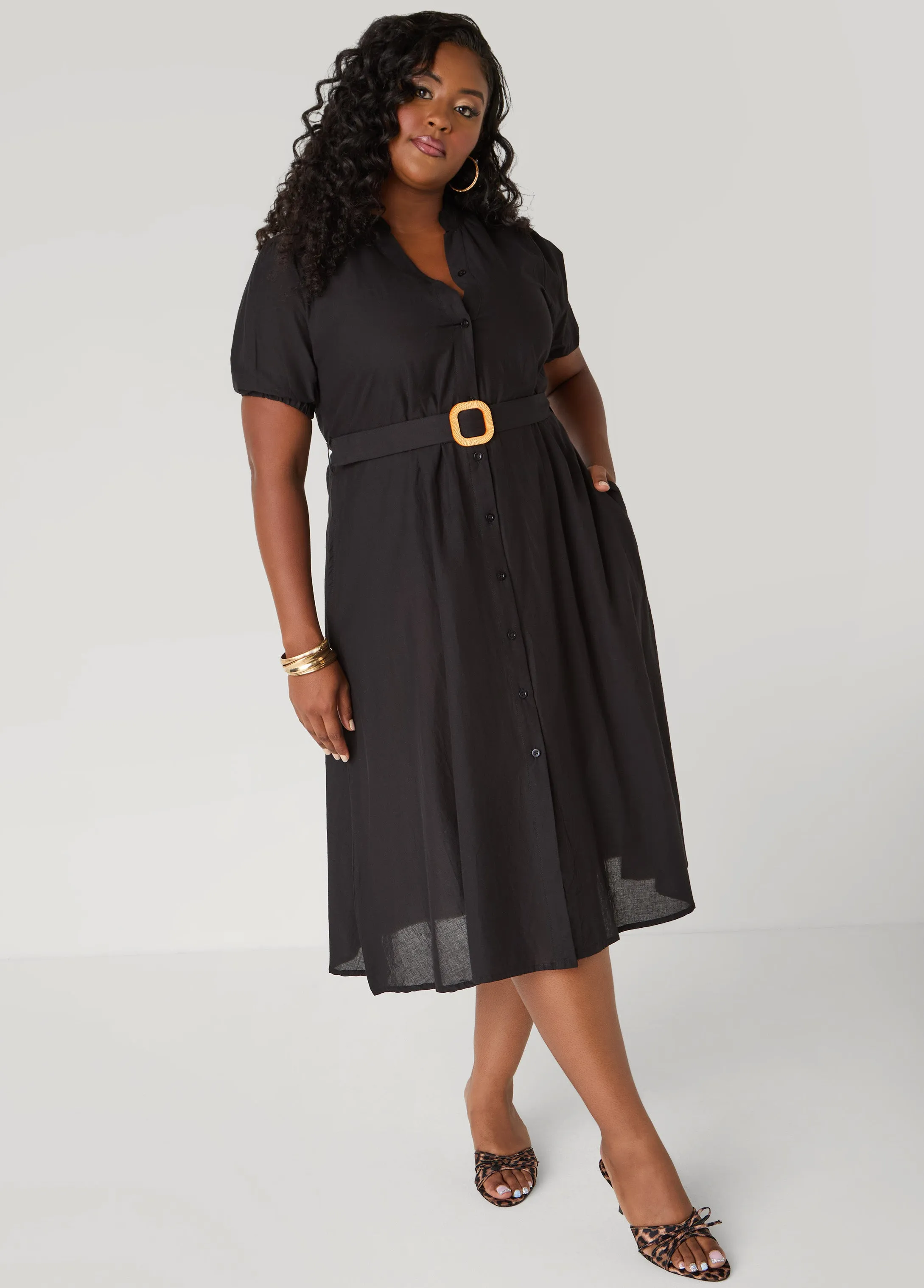 Puff Sleeved Cotton Shirtdress sold by Ashley Stewart product image thumbnail 3