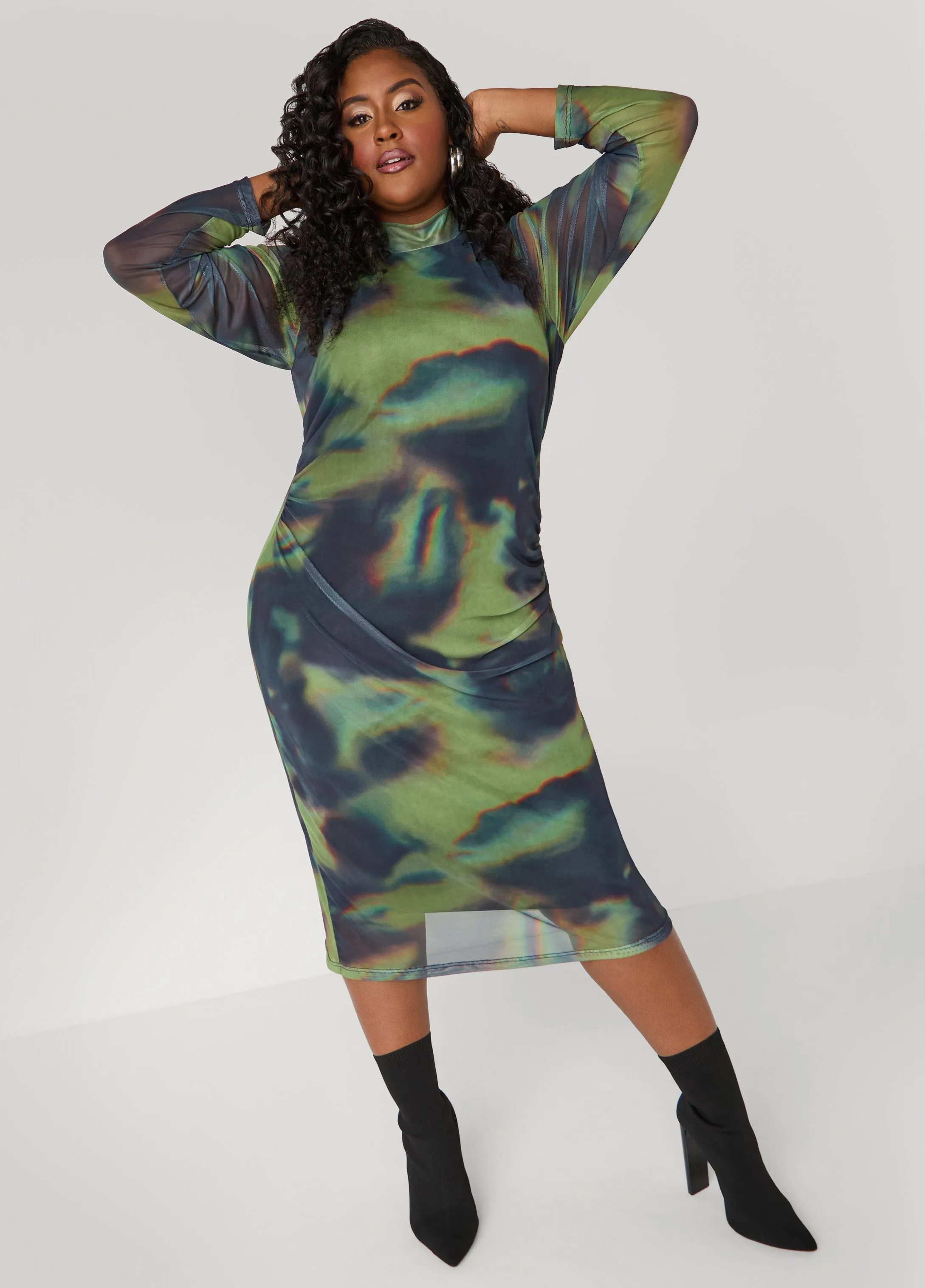 Ruched Printed Mesh Dress sold by Ashley Stewart product image thumbnail 3