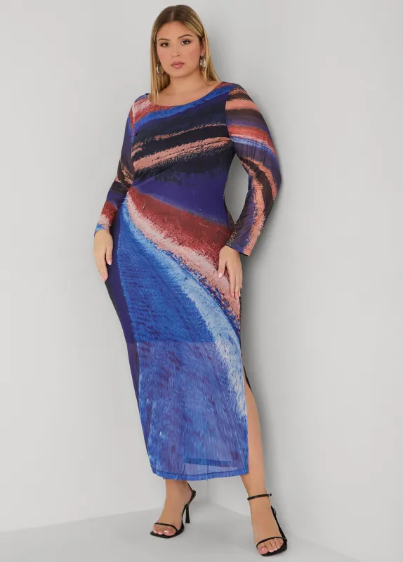 Printed Mesh Bodycon Maxi Dress sold by Ashley Stewart