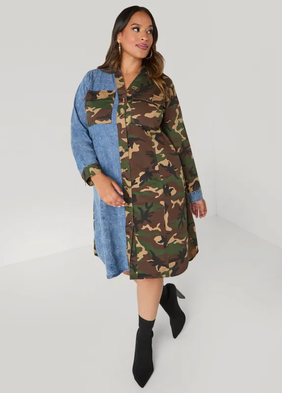 Denim Paneled Camo Shirtdress sold by Ashley Stewart