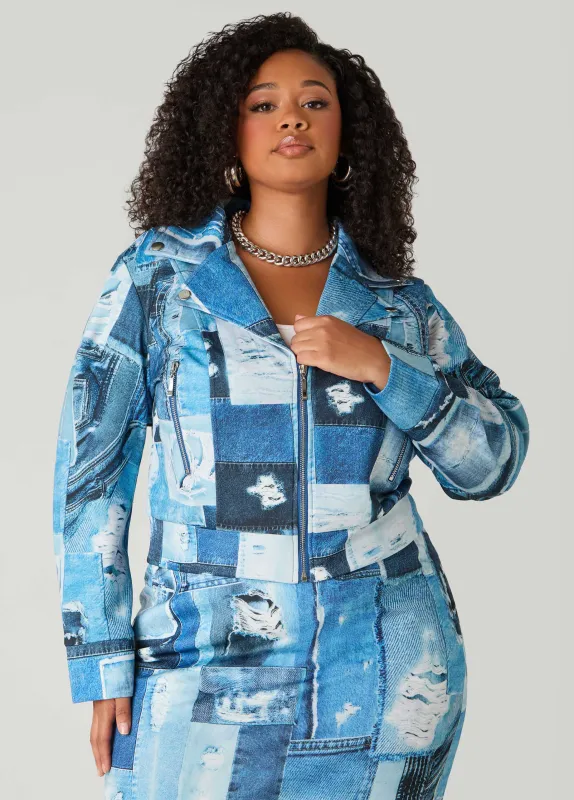 Denim Print Moto Jacket made by Ashley Stewart