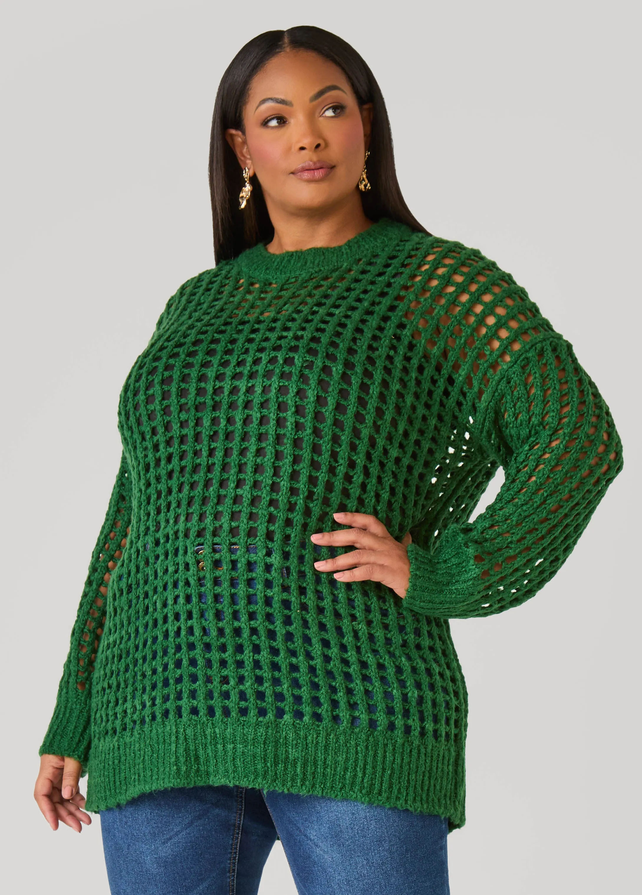 Open Knit Crewneck Sweater sold by Ashley Stewart